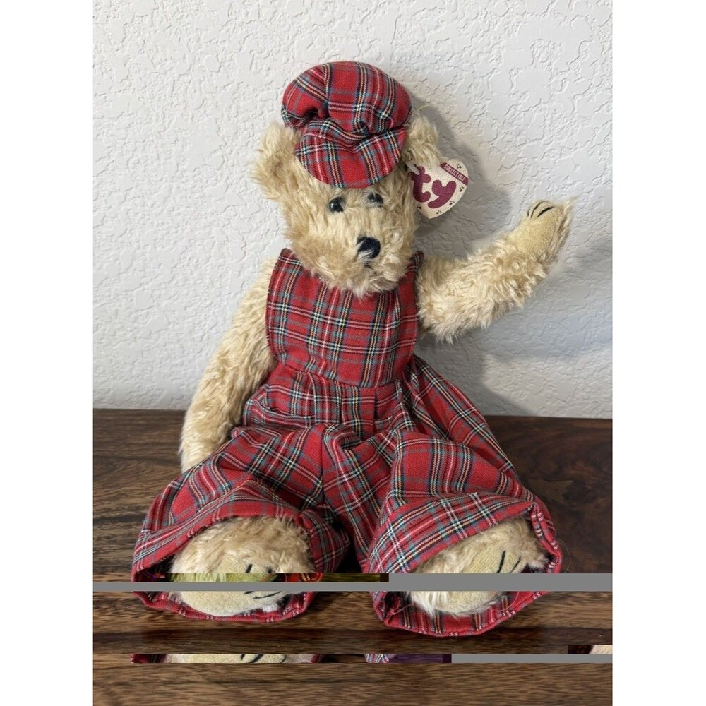 Ty Attic Treasures Scotch Jointed Teddy Bear 1993 Red Tartan Overalls Hang Tag